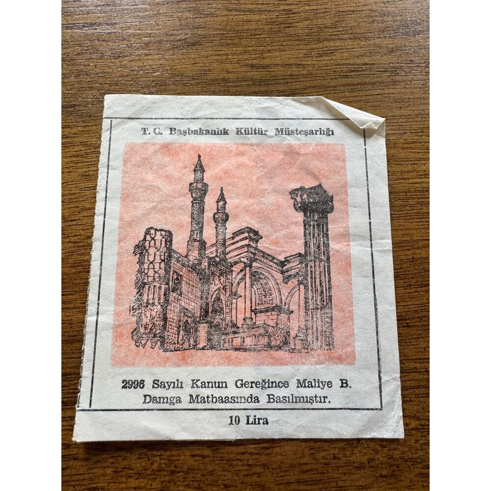 Vintage Ephesus Turkey Camera Fee Ticket 10 Lira Museum Turkish Ephemera